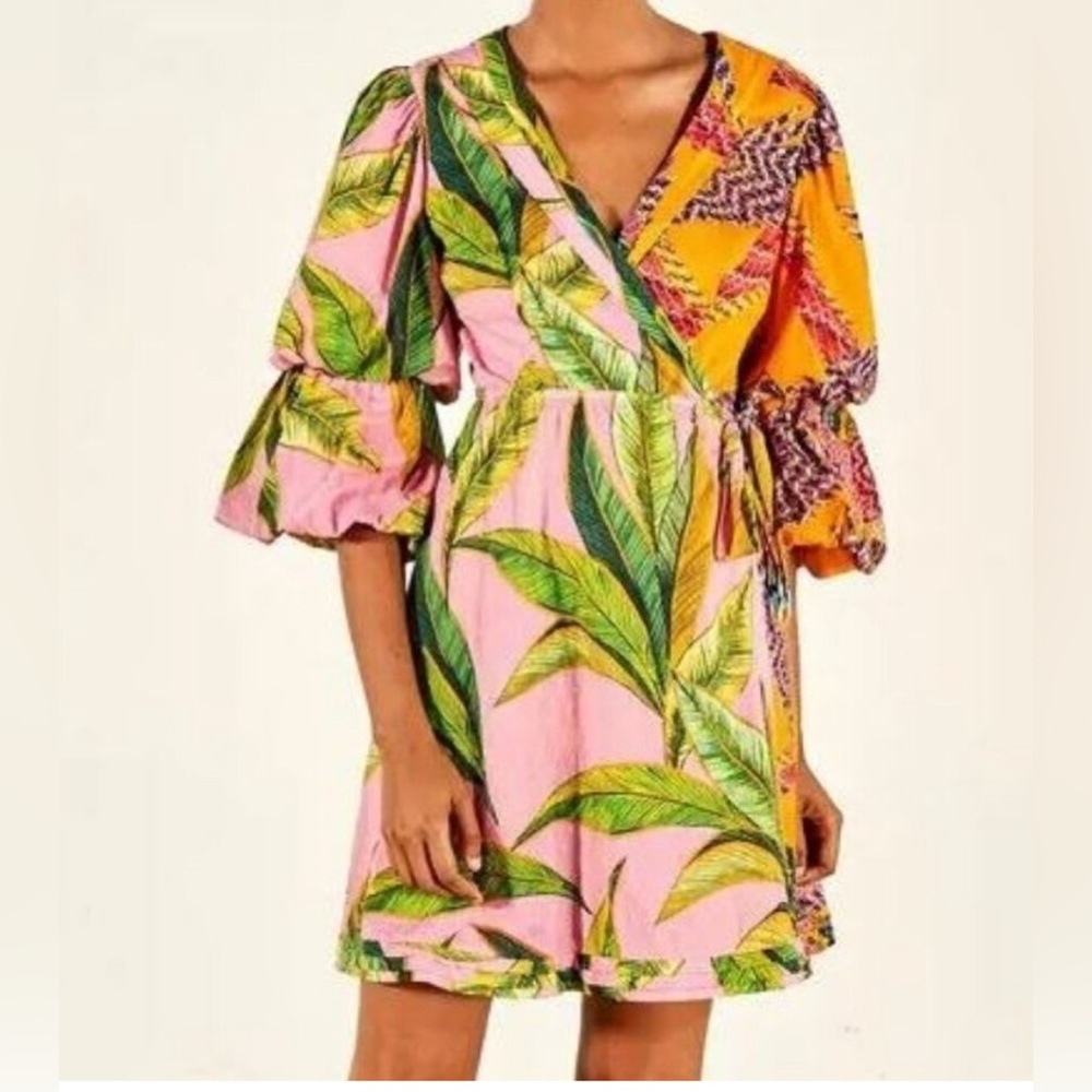 Farm Rio Mixed Prints Mini Wrap Dress Beaded Macaws + Pink Foliage Size Small